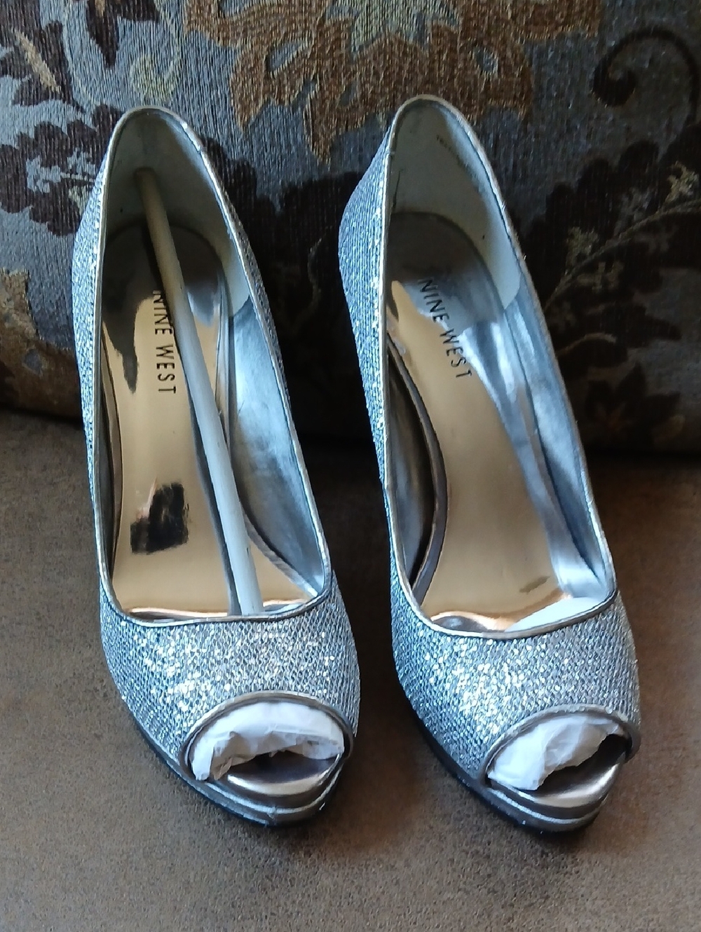 Nine West Silver Glitter Peep-Toe Heels
